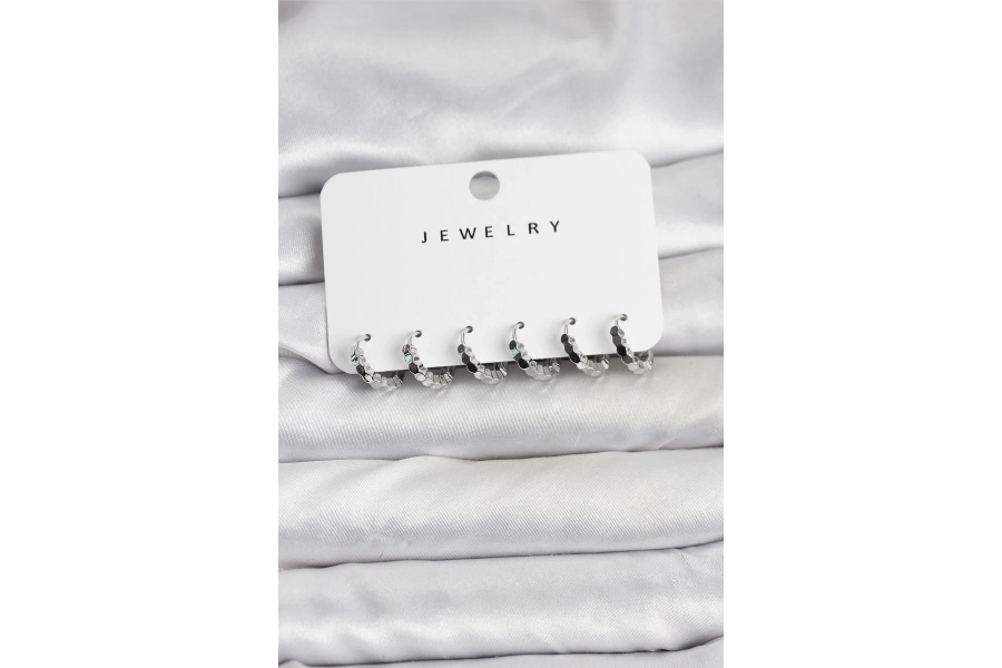 Shoecide Gümüş Renk Pirinç Minimal Petek Detaylı Kadın Küpe Seti