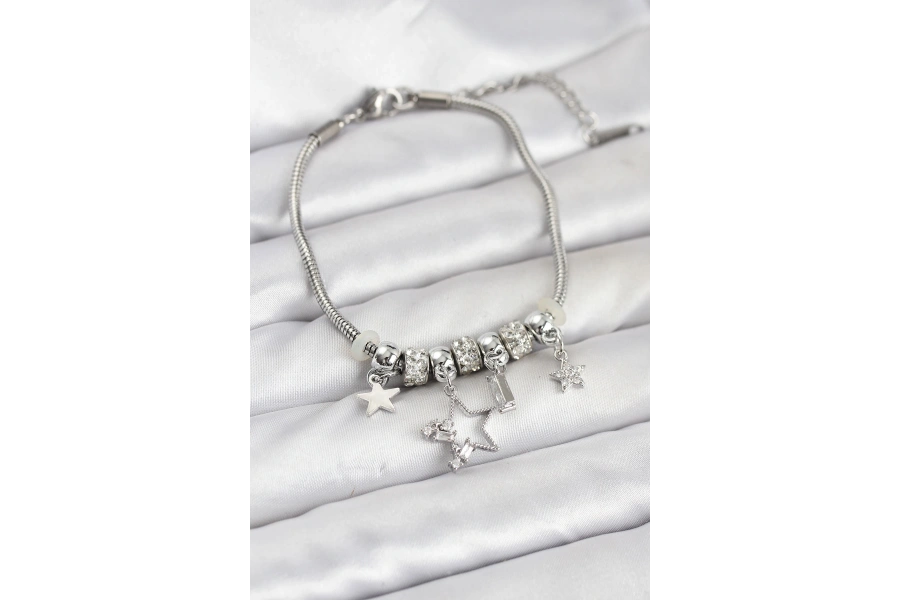 Shoecide Gümüş Renk Pirinç Yıldız Model Charmlı Kadın Bileklik