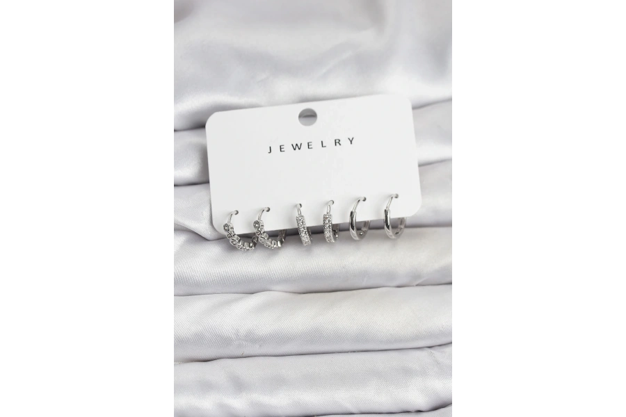 Shoecide Gümüş Renk Pirinç Zirkon Taşlı Kadın Küpe Seti