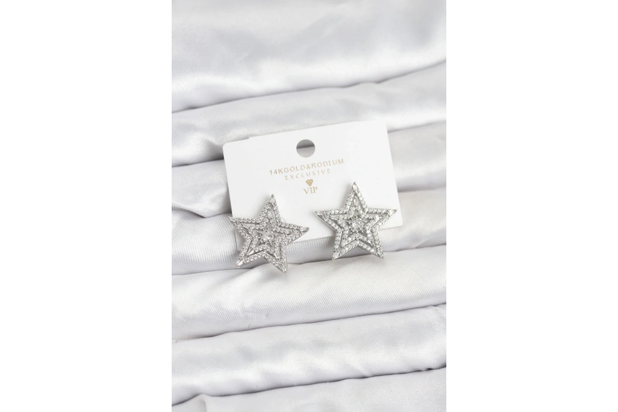 Shoecide Gümüş Renk Pirinç Zirkon Taşlı Yıldız Model Kadın Küpe