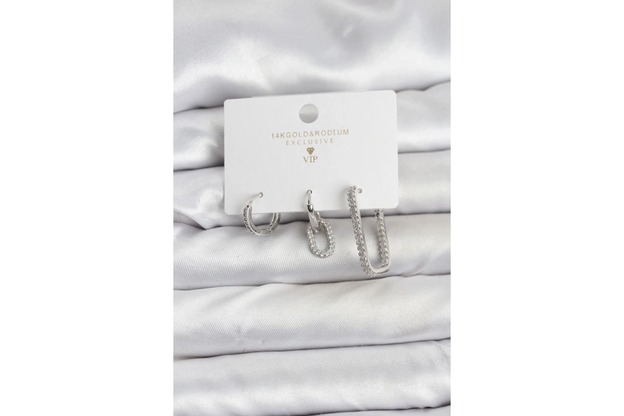 Shoecide Gümüş Renk Zirkon Taşlı 3lü Kadın Küpe Seti