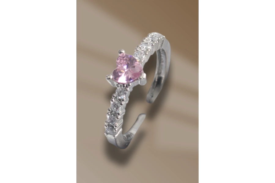 Shoecide Gümüş Renk Zirkon Taşlı Pembe Kristal Kalp Model Kadın Yüzük