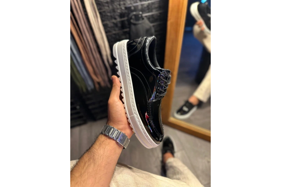 Shoecide Günlük Ayakkabı T12 Siyah Rugan (beyaz Taban)
