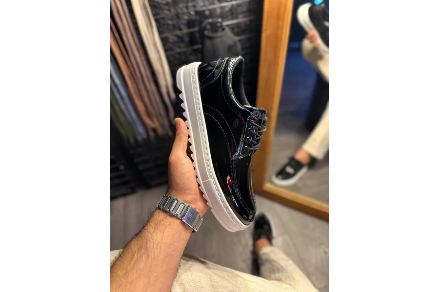 Shoecide Günlük Ayakkabı T12 Siyah Rugan (beyaz Taban)