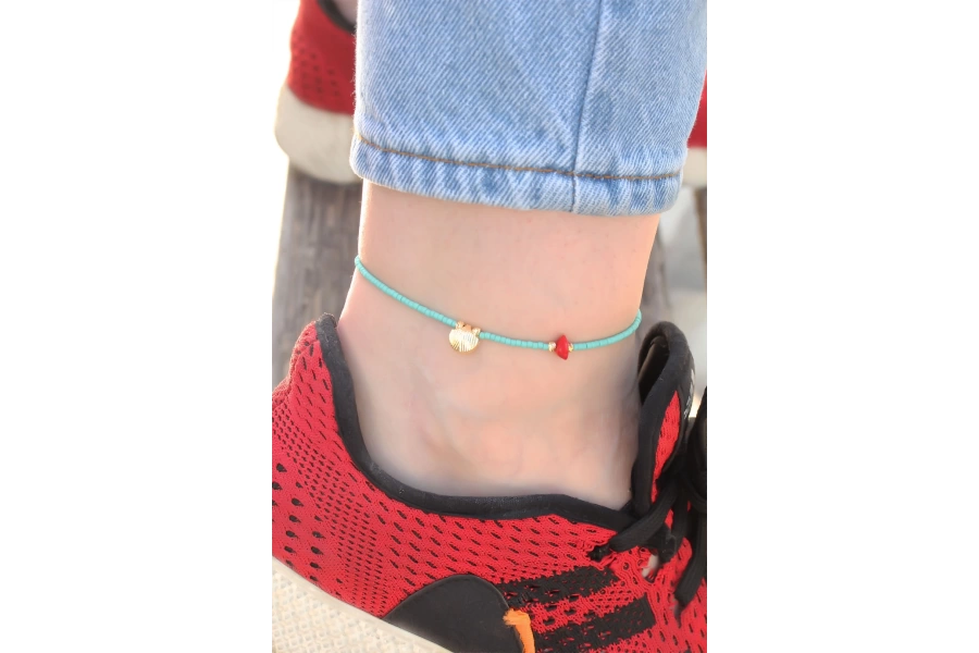 Shoecide İstiridye Kabuğu Tasarımlı Mavi Boncuk Detaylı Halhal