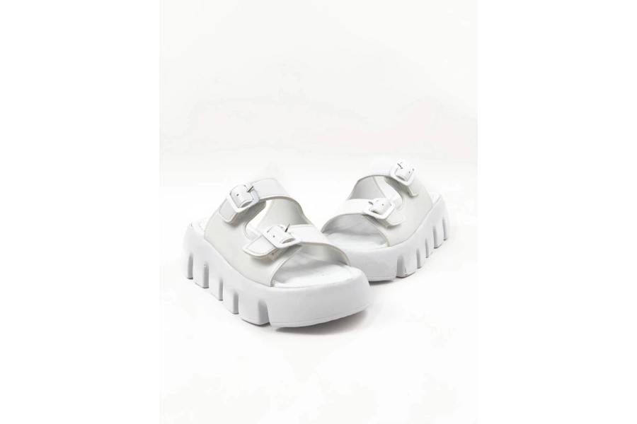 Shoecide Kadın Beyaz Terr Yüksek Konfor Ortopedik Taban Çift Bant Cilt Sandalet Terlik