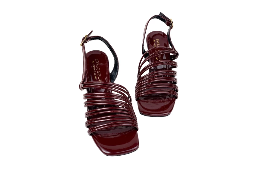 Shoecide Kadın Çalç Bordo Rugan Topuklu Biyeli Bilekten Bağlamalı Sandalet 8 Cm 201
