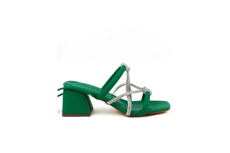 Shoecide Kadın Keme Yeşil Topuklu Bilekten Bağlamalı Taşlı Sandalet Ayakkabı