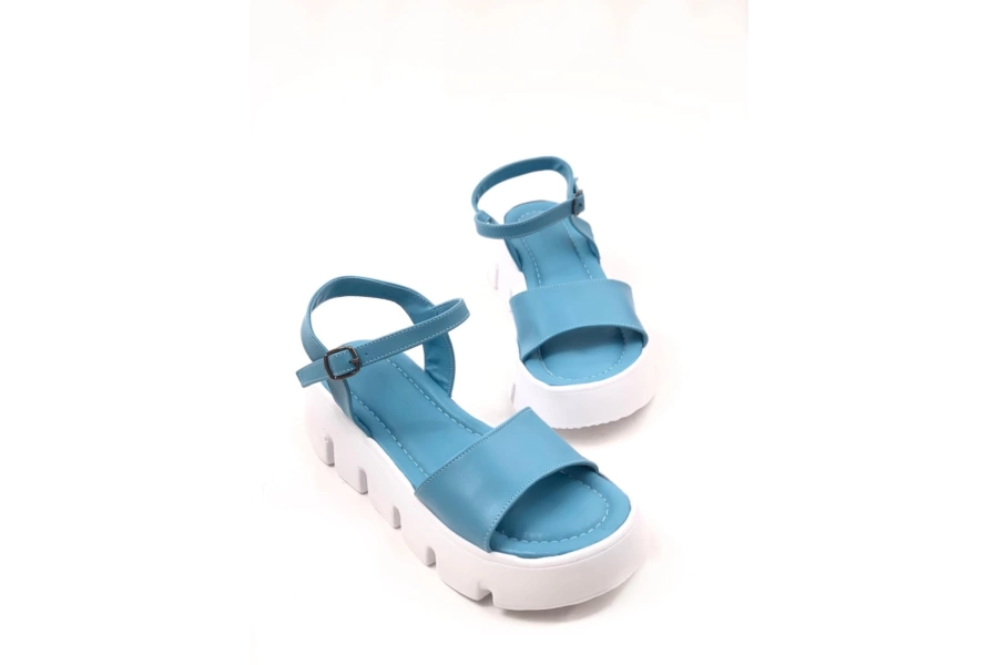 Shoecide Kadın Kerl Mavi Yüksek Taban Bilekten Bağlama Sandalet