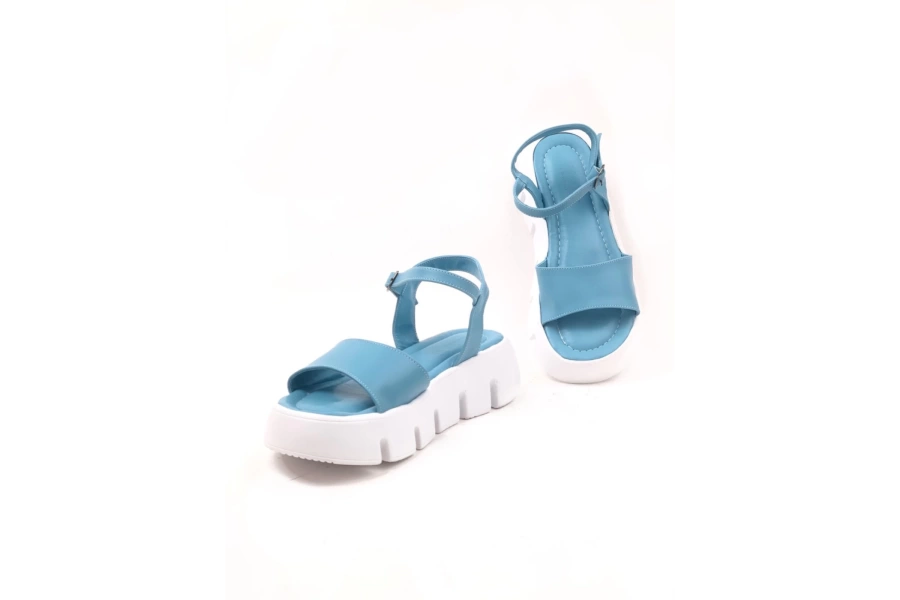 Shoecide Kadın Kerl Mavi Yüksek Taban Bilekten Bağlama Sandalet