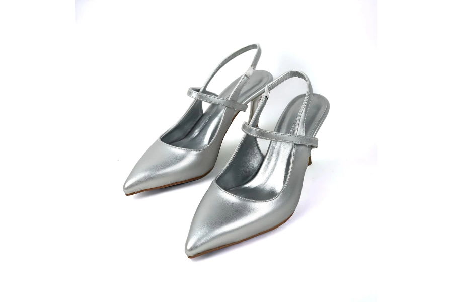 Shoecide Kadın Olvan Gümüş Cilt  İnce Topuk Ayakkabı Sandalet 7 Cm Topuk 608