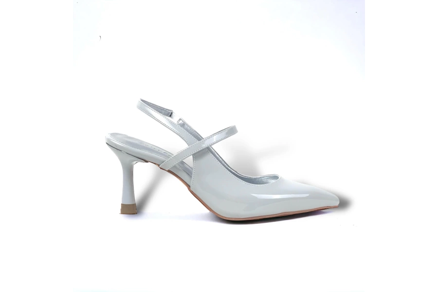 Shoecide Kadın Olvan Gümüş Rugan İnce Topuk Ayakkabı Sandalet 7 Cm Topuk 608