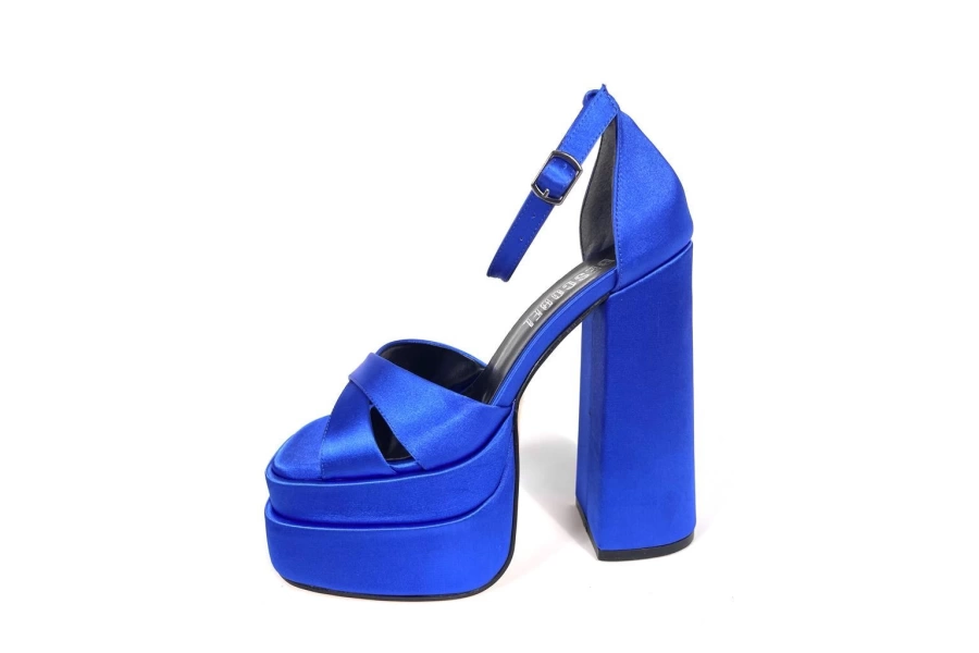 Shoecide Kadın Renc Mavi Saten Yüksek Çift Platform Topuklu Sandalet