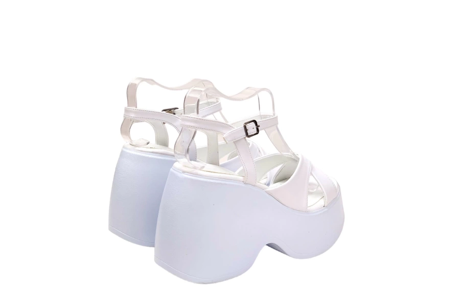 Shoecide Kadın Retya Beyaz Yüksek Dolgu Topuk Çaprazbant Sandalet 10 Cm Dlg20