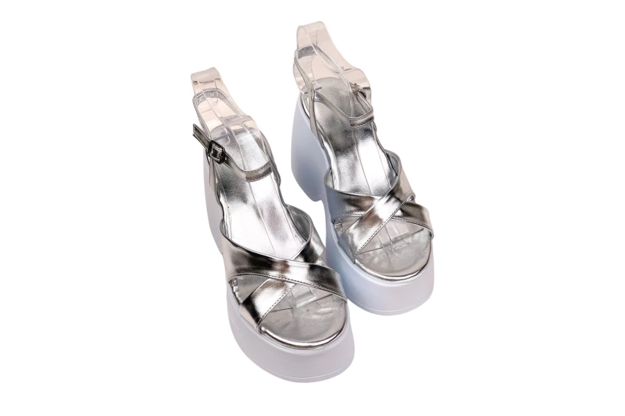 Shoecide Kadın Retya Gümüş Yüksek Dolgu Topuk Çaprazbant Sandalet 10 Cm Dlg20