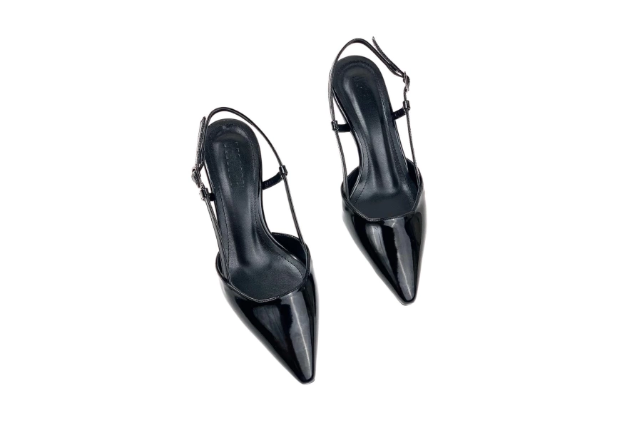 Shoecide Kadın Sedj Siyah Rugan Malzeme Arkası Açık Badem Topuk Ayakkabı 5.5 Cm 002