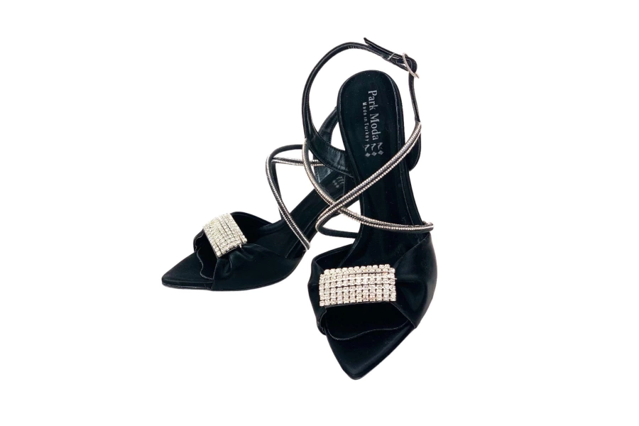 Shoecide Kadın Tetm Siyah İpek Malzeme Taş Detaylı Abiye Ayakkabı 8 Cm 916