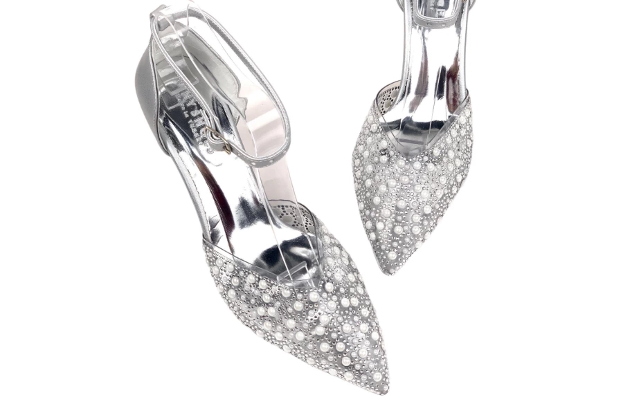 Shoecide Kadın Turg Gümüş Sivri Burun Taş Detaylı Abiye Ayakkabı 7,5cm