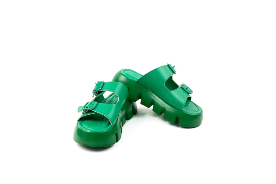 Shoecide Kadın Yeşil Terr Yüksek Konfor Ortopedik Taban Çift Bant Cilt Sandalet Terlik