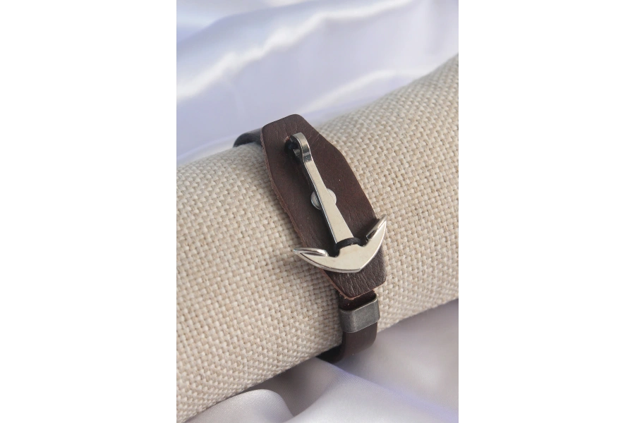 Shoecide Kahverengi Deri Model Gümüş Renk Çapa Figür Erkek Bileklik