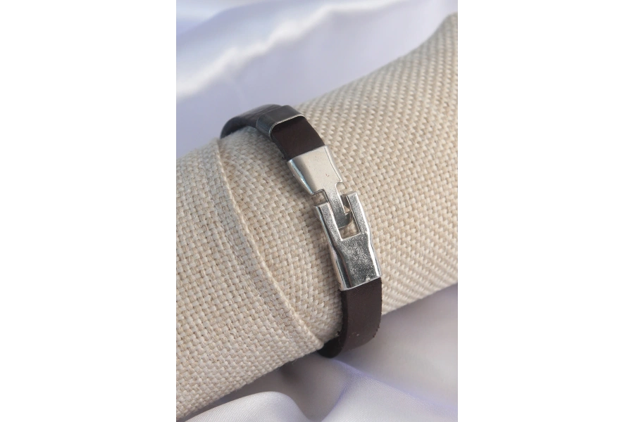 Shoecide Kahverengi Deri Model Gümüş Renk Çapa Figür Erkek Bileklik