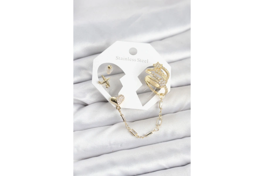 Shoecide Kalp Yıldız Model Pirinç Gold Renk Zincir Bağlantılı Ear Cuff Küpe Seti