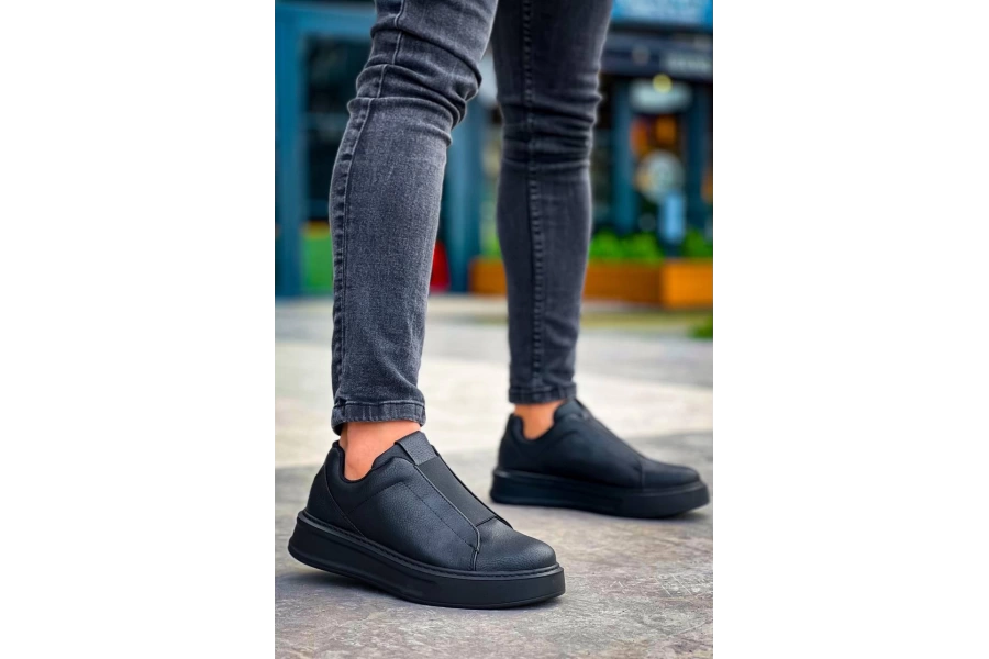 Shoecide Kb-007  Siyah Siyah Yüksek Taban Tek Bant Bağcıksız Günlük Erkek Ayakkabı