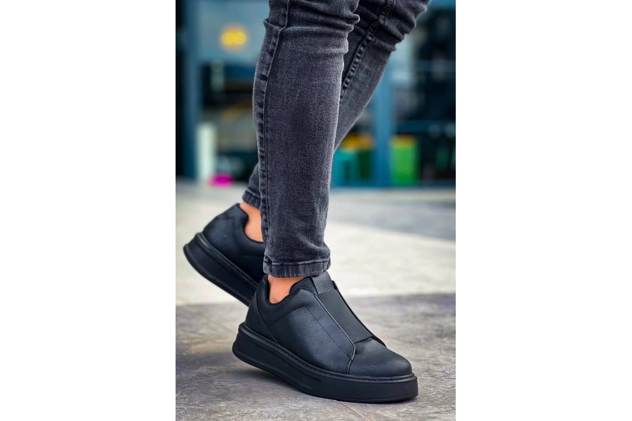 Shoecide Kb-007  Siyah Siyah Yüksek Taban Tek Bant Bağcıksız Günlük Erkek Ayakkabı