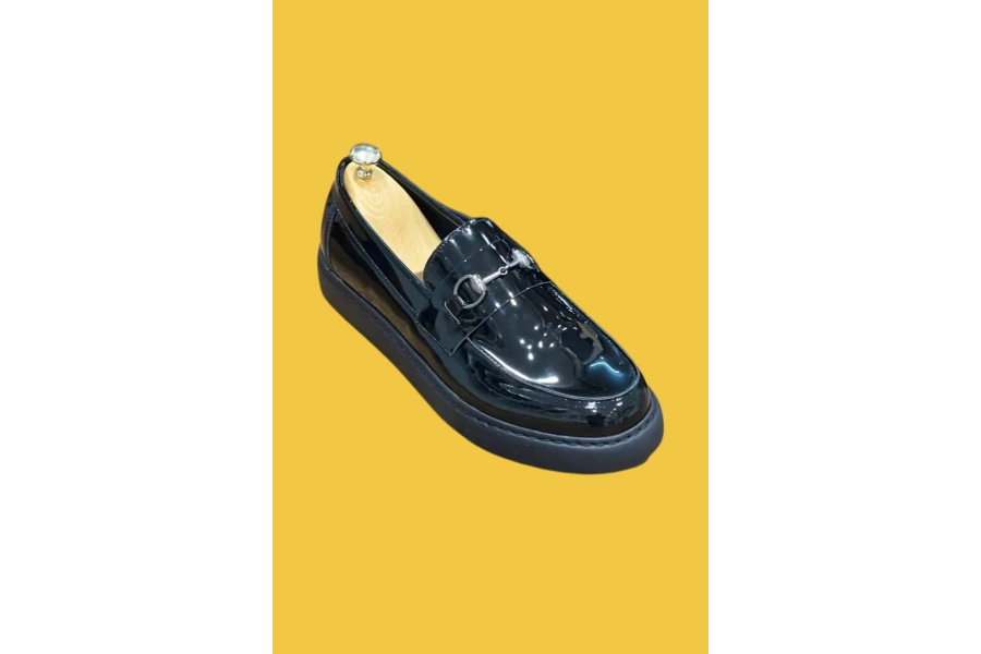 Shoecide Kb-027 Bağcıksız Kömür Rugan G Toka Klasik Günlük Erkek Ayakkabı