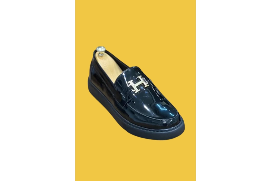 Shoecide Kb-027 Bağcıksız Kömür Rugan H Tokalı Günlük Erkek Ayakkabı