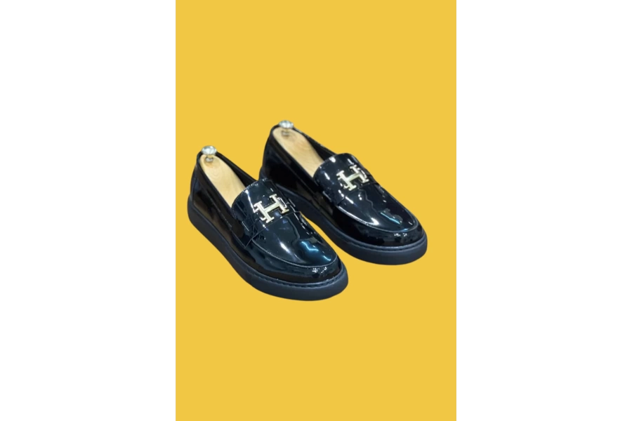 Shoecide Kb-027 Bağcıksız Kömür Rugan H Tokalı Günlük Erkek Ayakkabı