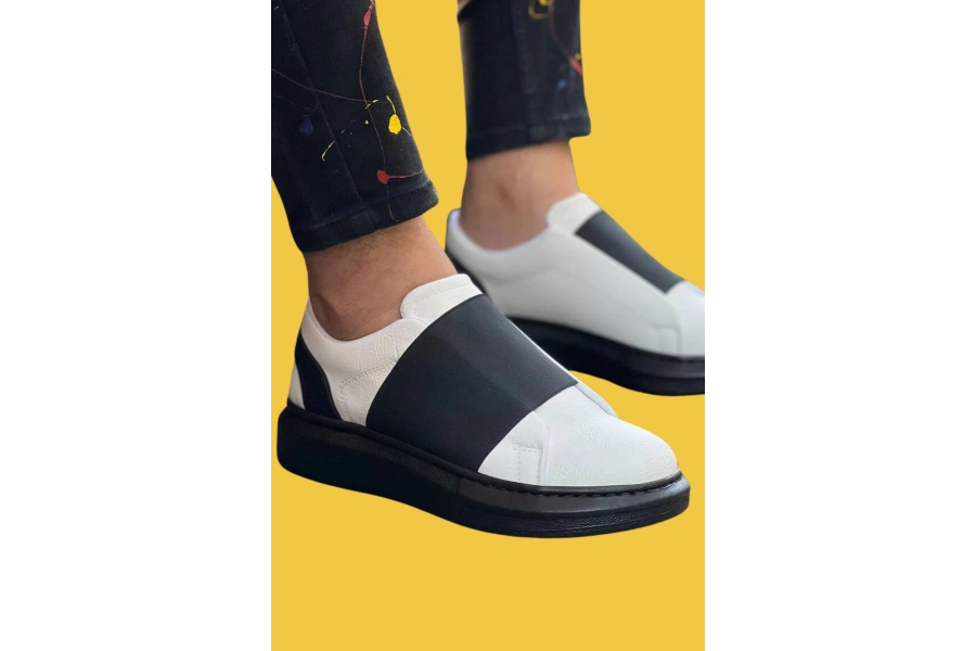 Shoecide Kb-040 Beyaz Cilt Siyah Yüksek Taban Bağcıksız Lastikli Günlük Erkek Ayakkabı