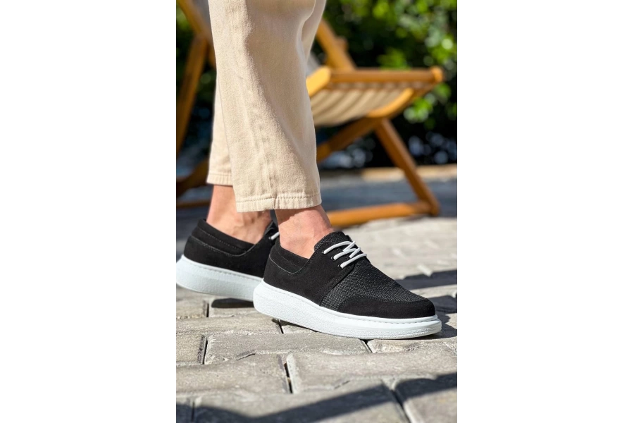 Shoecide Kb-042 Bağcıklı  Siyah Deri Tozu Beyaz Taban Günlük Erkek Ayakkabı