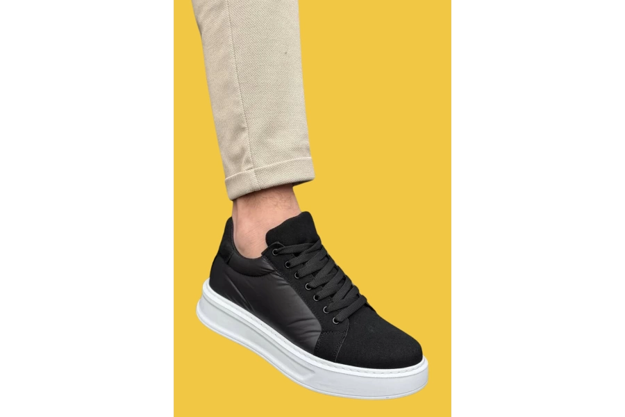 Shoecide sbKb-046 Bağcıklı Siyah Paraşüt Beyaz Yüksek Taban Erkek Günlük Spor Ayakkabı