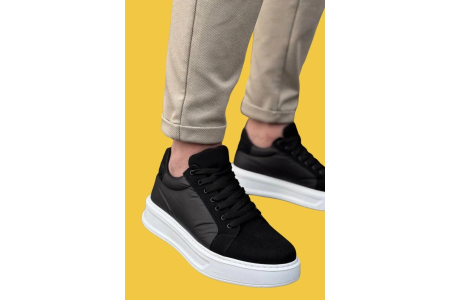 Shoecide sbKb-046 Bağcıklı Siyah Paraşüt Beyaz Yüksek Taban Erkek Günlük Spor Ayakkabı