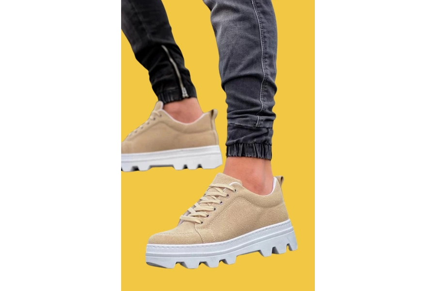 Shoecide Kb-056 Bağcıklı Bej Süet Beyaz Rahat Yüksek Taban Erkek Günlük Spor Ayakkabı