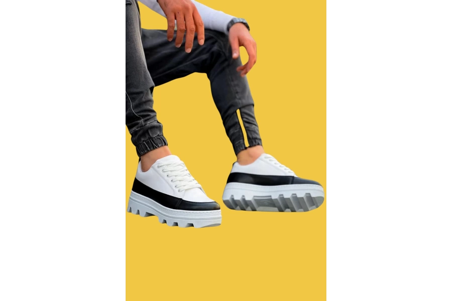 Shoecide Kb-056 Bağcıklı Beyaz Siyah Detaylı Beyaz Yüksek Taban Erkek Günlük Spor Ayakkabı
