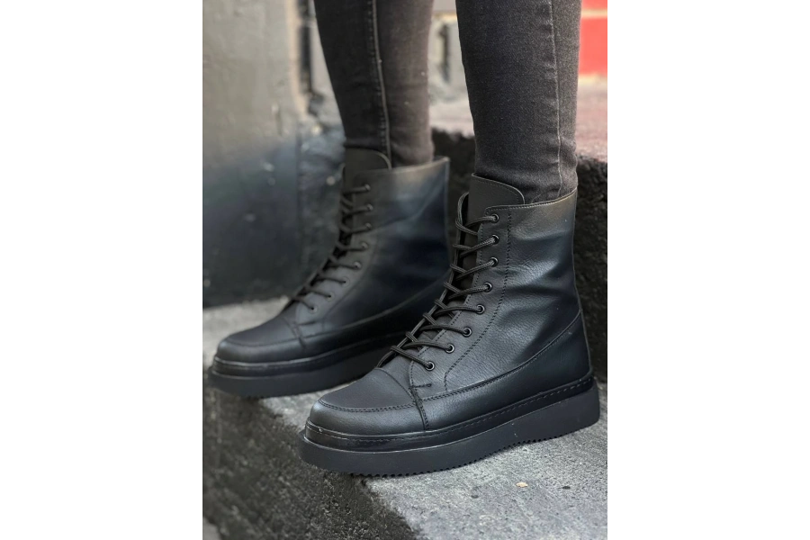 Shoecide Kb-0991 Siyah Cilt Siyah Taban Yüksek Taban  Bağcıklı  Postal Bot