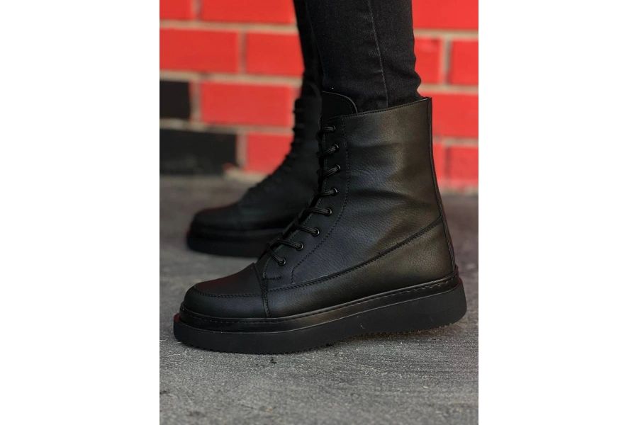 Shoecide Kb-0991 Siyah Cilt Siyah Taban Yüksek Taban  Bağcıklı  Postal Bot