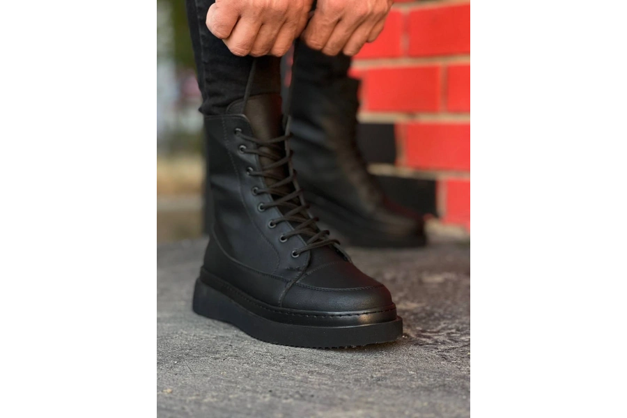 Shoecide Kb-0991 Siyah Cilt Siyah Taban Yüksek Taban  Bağcıklı  Postal Bot