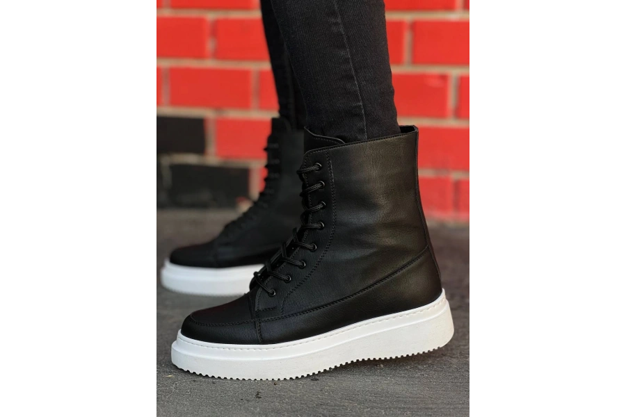 Shoecide Kb-0991 Siyah Cilt Yüksek Taban  Bağcıklı  Postal Bot