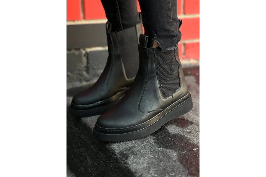 Shoecide Kb-0992 Siyah Cilt Siyah Yüksek Taban  Lastikli Erkek Bot