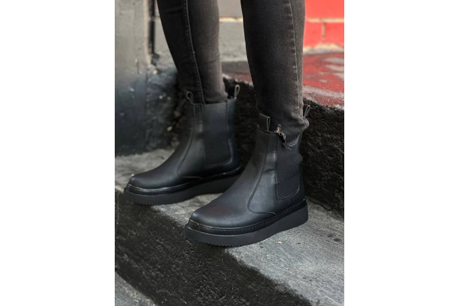 Shoecide Kb-0992 Siyah Cilt Siyah Yüksek Taban  Lastikli Erkek Bot