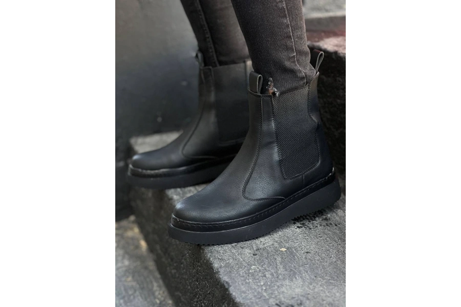 Shoecide Kb-0992 Siyah Cilt Siyah Yüksek Taban  Lastikli Erkek Bot