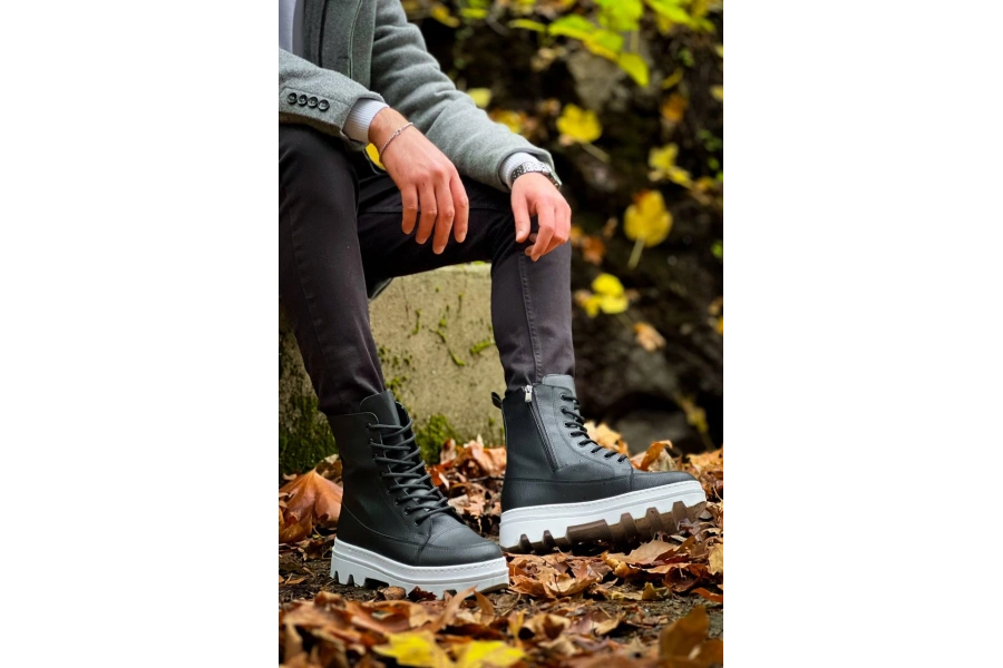 Shoecide Kb-0993 Siyah Cilt Beyaz Yüksek Taban Postal Bot