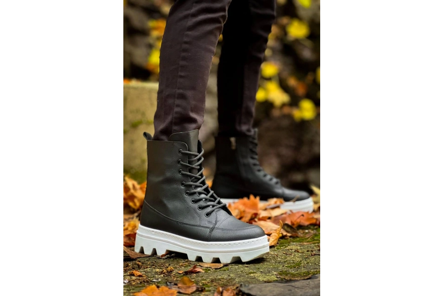 Shoecide Kb-0993 Siyah Cilt Beyaz Yüksek Taban Postal Bot