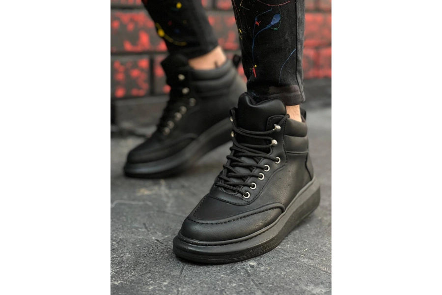 Shoecide Kb-0994 Siyah Cilt  Siyah  Yüksek Taban  Erkek Bilek Bot