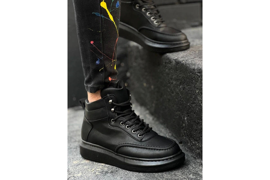 Shoecide Kb-0994 Siyah Cilt  Siyah  Yüksek Taban  Erkek Bilek Bot