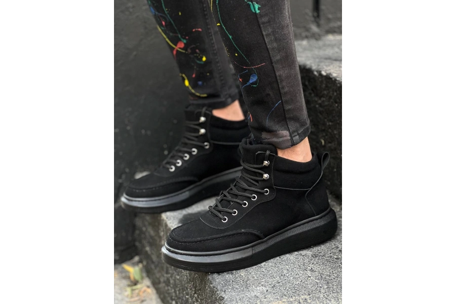 Shoecide Kb-0994 Siyah Süet Siyah Yüksek Taban  Erkek Bilek Bot