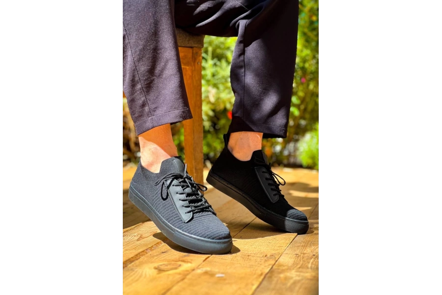 Shoecide Kb-110 Siyah Triko Siyah Yüksek Taban Bağcıklı Günlük Erkek Ayakkabı